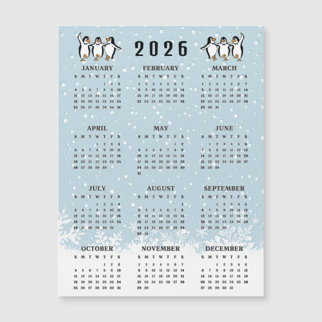 Dancing Penguins 2026 Calendar Magnetic Card (Frente)