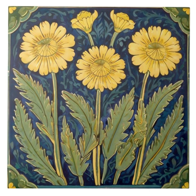 Dandelion Flowers Art Deco Nouveau Yellow Floral (Frente)