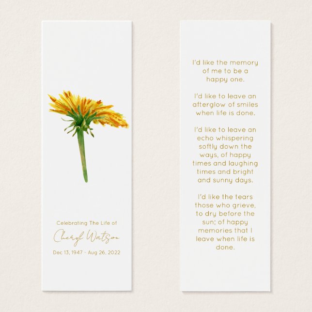 Dandelion | Memorial Simples de Funeral Mini Marca (Frente & Verso)