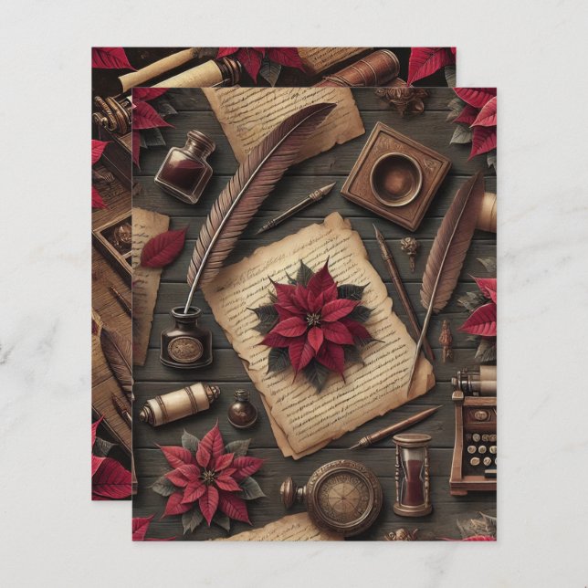 Dark Academia Poinsettia Desk Scrapbook Paper (Frente/Verso)