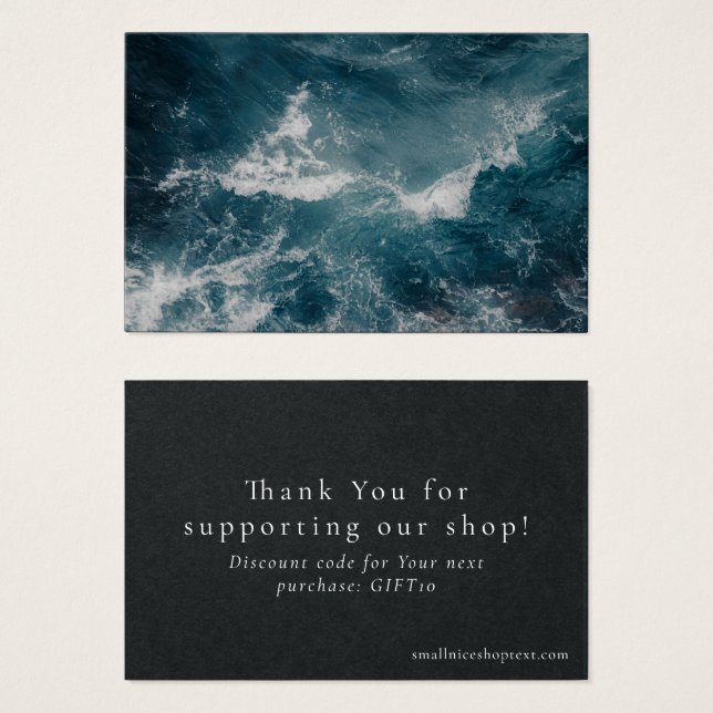 Dark blue ocean shop thank you card with discount (Frente & Verso)