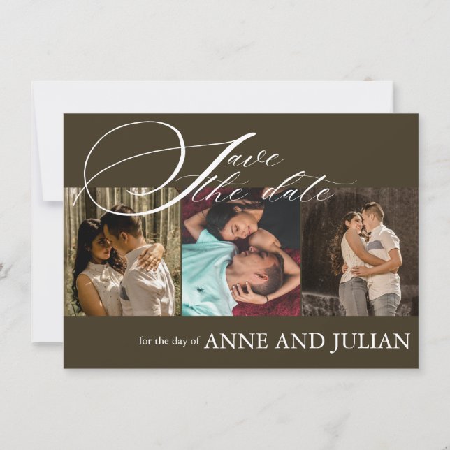 Dark Brown Save the date card 3 photo a QR Code (Frente)
