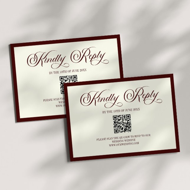 Dark Burgundy Ivory Wedding QR Code RSVP Card (Criador carregado)