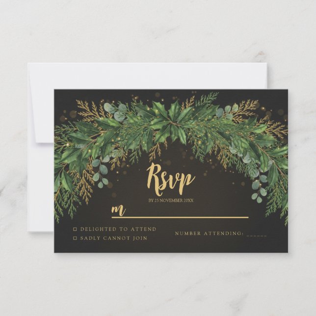 Dark Christmas Greenery Arch Wedding RSVP Card (Frente)