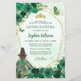 Dark Green Floral Dourada Princesa Quinceañera