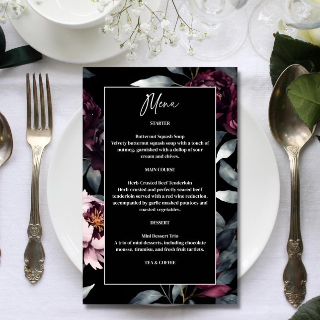 Dark moody Burgundy Flores elegantes menu de casam (Dark moody burgundy flowers elegant wedding menu template card black themed function menu drink list)