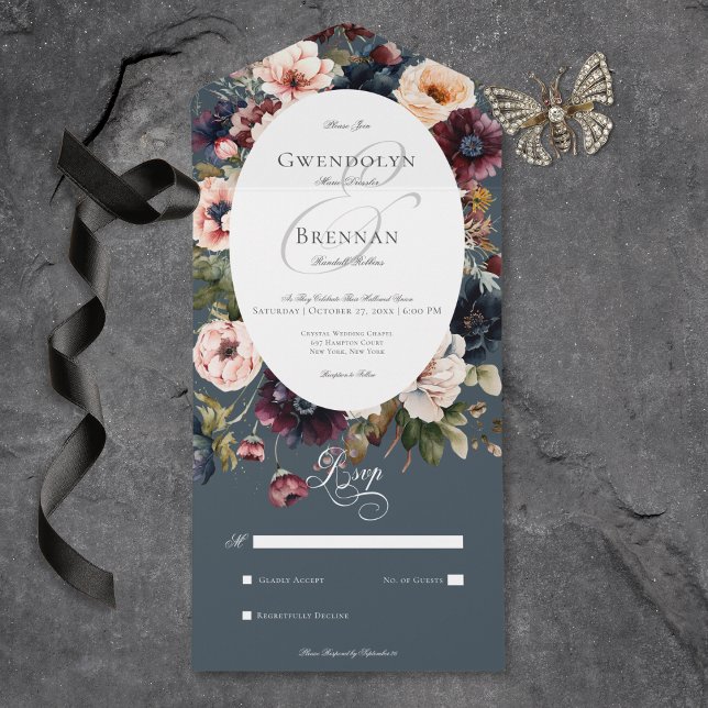 Dark Moody Burgundy Frame Floral Sem Janto (Dark Moody Burgundy Oval Floral Frame No Dinner All In One Invitation)