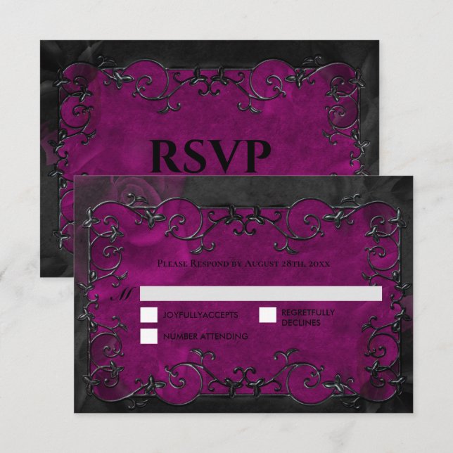 Dark purple Gothic Halloween Wedding RSVP (Frente/Verso)