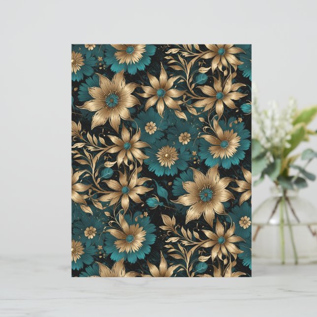 Dark Teal and Gold Metallic Effect Floral Paper (Em pé/Frente)