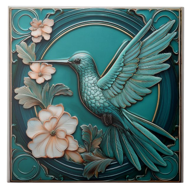 Dark teal faux relief Art Nouveau Hummingbird L (Frente)