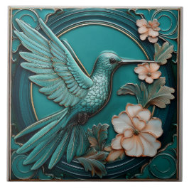 Dark teal faux relief Art Nouveau Hummingbird R
