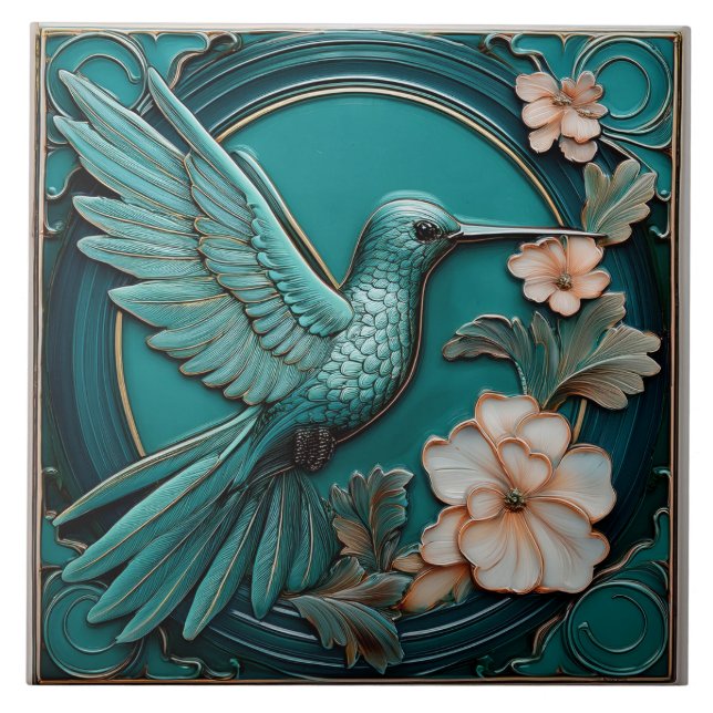 Dark teal faux relief Art Nouveau Hummingbird R (Frente)