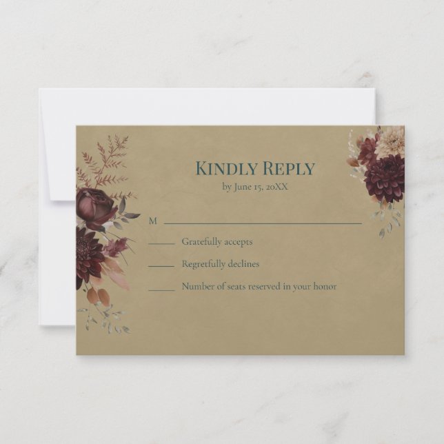 Dark Teal Floral Gothic RSVP Card (Frente)