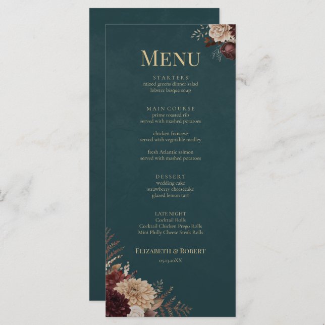 Dark Teal Floral Gothic Wedding Menu (Frente/Verso)