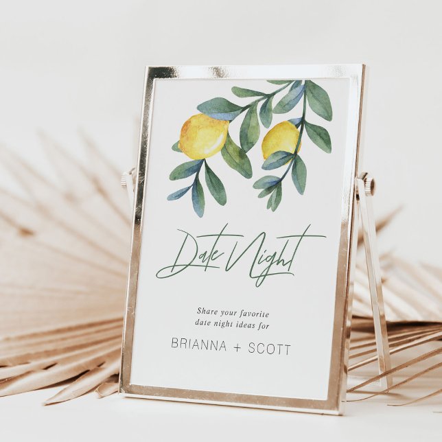 Data Noite Ideias Limon Chá de panela (Date night lemon bridal shower date night sign shown in gold frame)