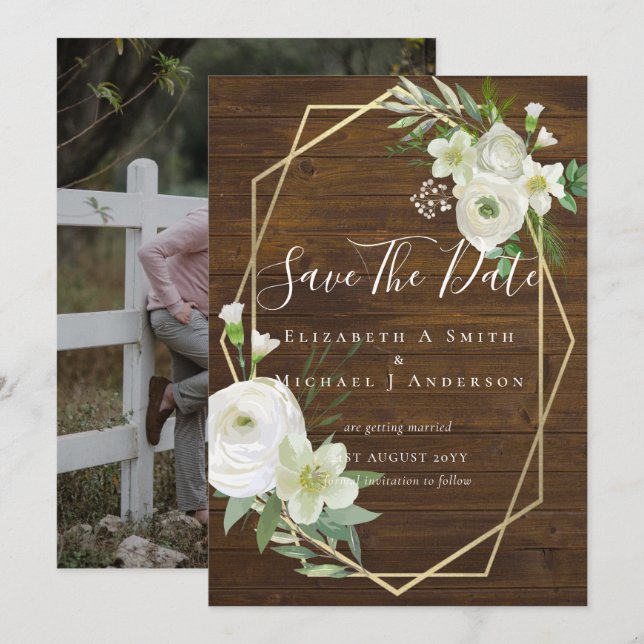 Datas de Salvamento de Fotos Modernas White Floral (Frente/Verso)