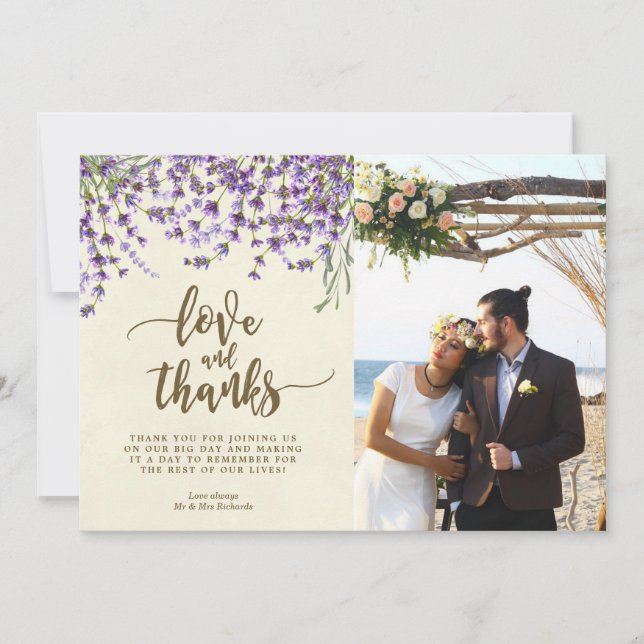 De Agradecimento amor e flores da lavanda do cartão com fotos dos (Frente)