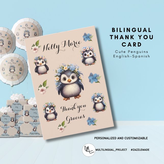 De Agradecimento Bonito Pinguins Obrigado Cartão Gracias (Bilingual Thank you Gracias Card cute penguins. personalized. Multilingual Project.)
