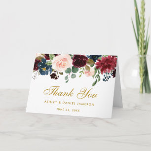 De Agradecimento Cartão Dobrável Floral Burgundy Azul Dourado Casam