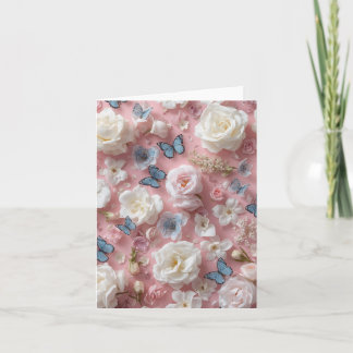 De Agradecimento Cartão em branco com fundo rosa, borboletas e flor