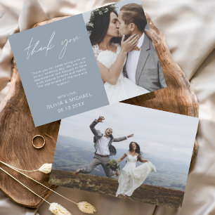 De Agradecimento Dusty Blue Wedding Obrigado Foto Cartão Minimalist