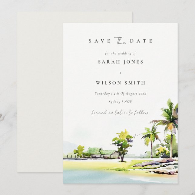 De Agradecimento Palmeiras Costeiras Tropicais Salvem O Cartão Data (Frente/Verso)