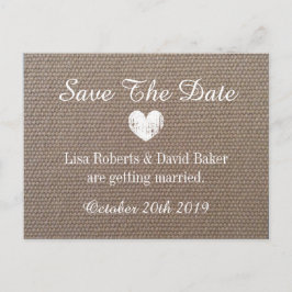 De Anúncio Burlap Salve o cartão postal do casamento com cora