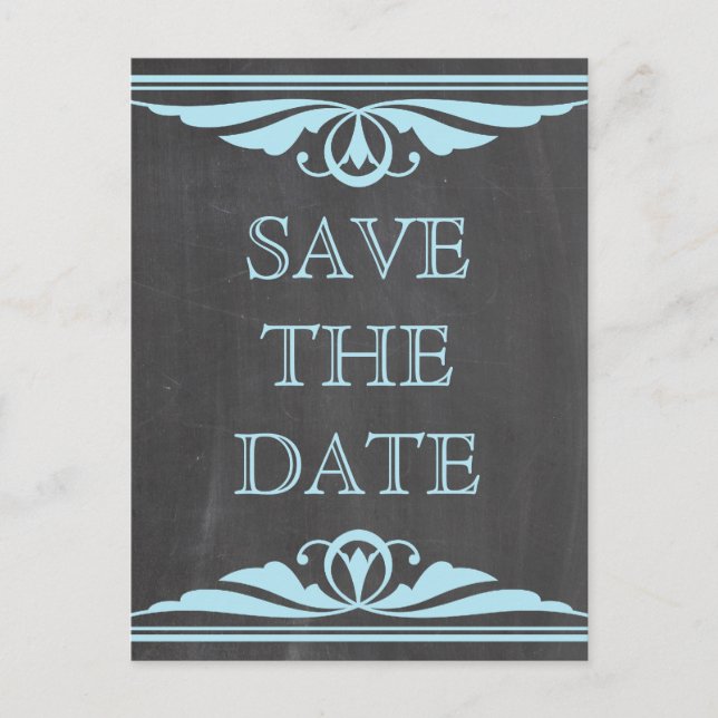 De Anúncio Cartão postal Blue Deco Chalkboard Save the Date (Frente)