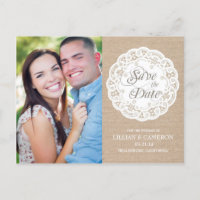 Cartão postal Burlap Lace Doily Save the Date