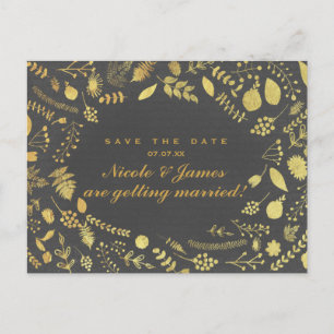 De Anúncio Cartão Postal Charcoal Grey & Gold Floral Save The