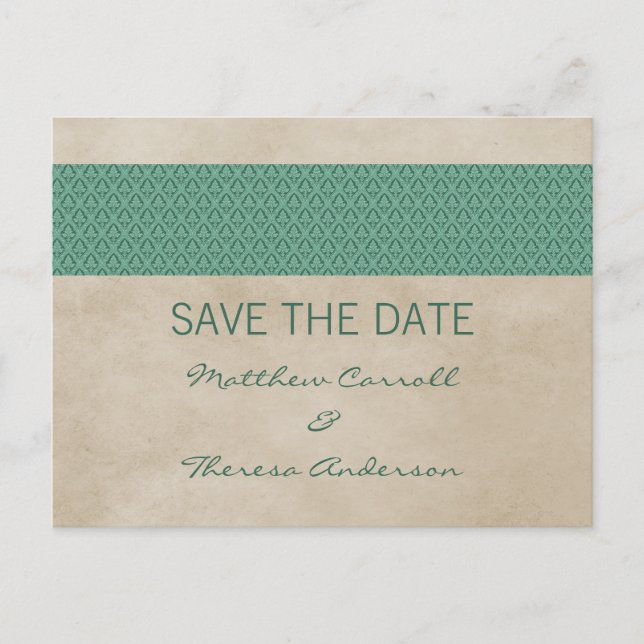 De Anúncio Cartão Postal Green Rustic Damask Save the Date (Frente)