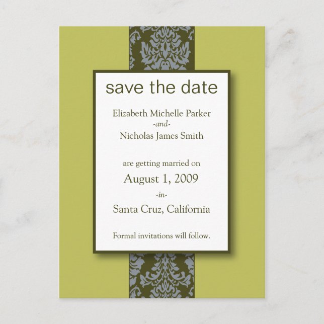 De Anúncio Cartão Postal Olive Baroque Damask Save the Date (Frente)