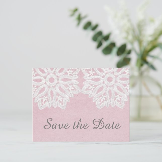 De Anúncio Cartão postal Pink Elegant Lace Save the Date (Em pé/Frente)