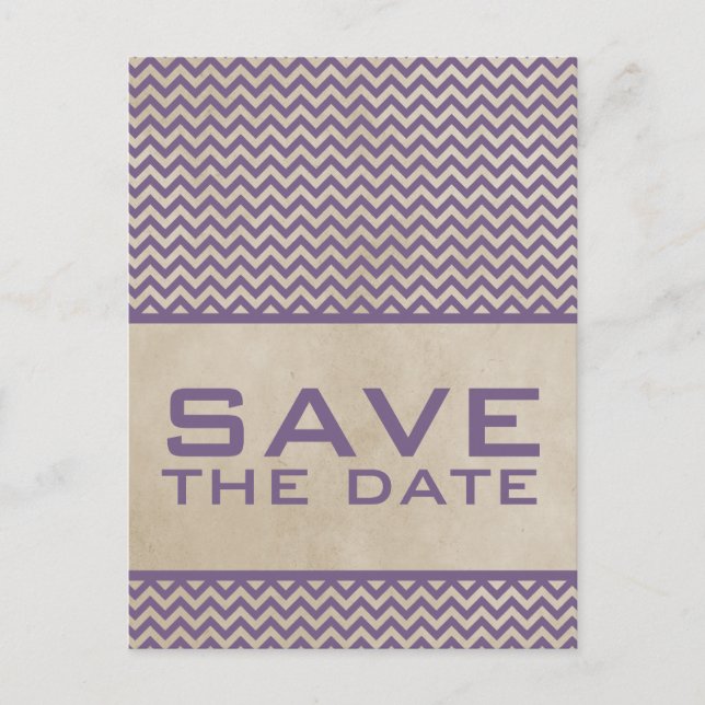 De Anúncio Cartão postal roxo Chic Chevron para salvar a data (Frente)