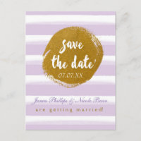 Cartão postal roxo listrado e dourado Save The Dat