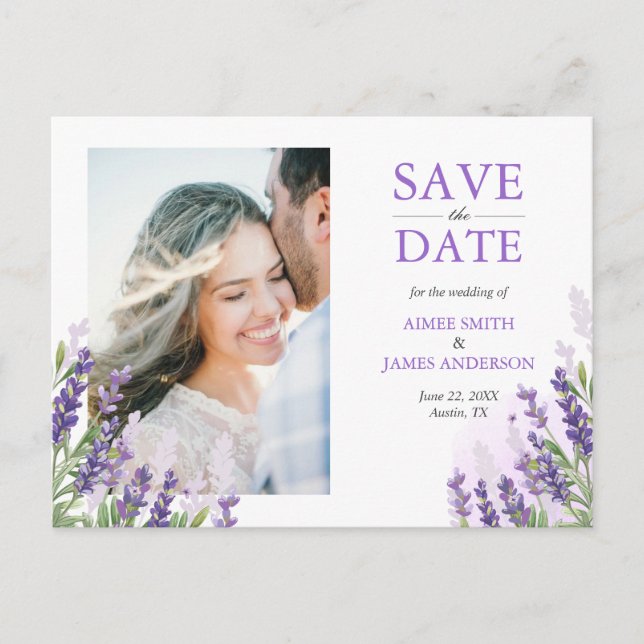 De Anúncio Lavanda Salve a data Cartão postal simples Roxo (Frente)