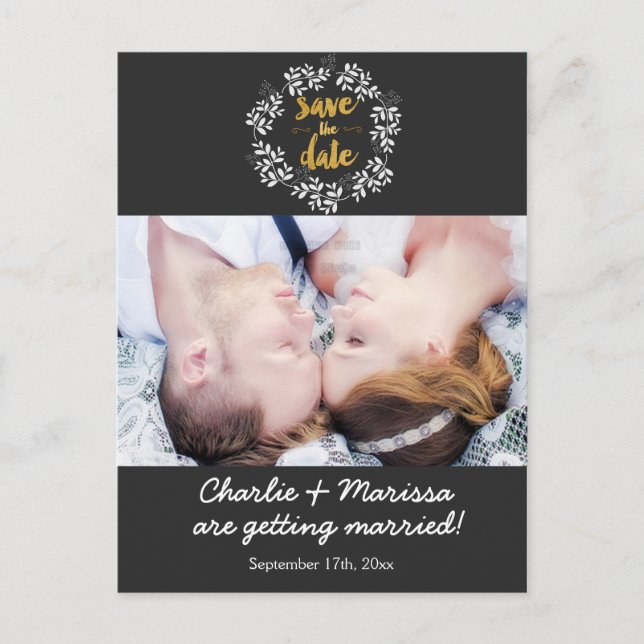 De Anúncio Rustic Wreath Leaf SALVE A DATA Cartão Postal (Frente)