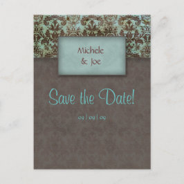 De Anúncio Salve a data Turquoise Brown Damask Cartão postal 