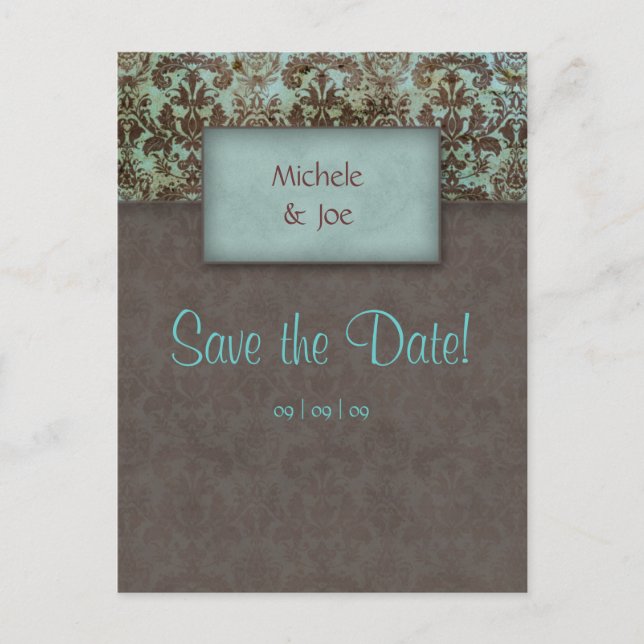 De Anúncio Salve a data Turquoise Brown Damask Cartão postal  (Frente)