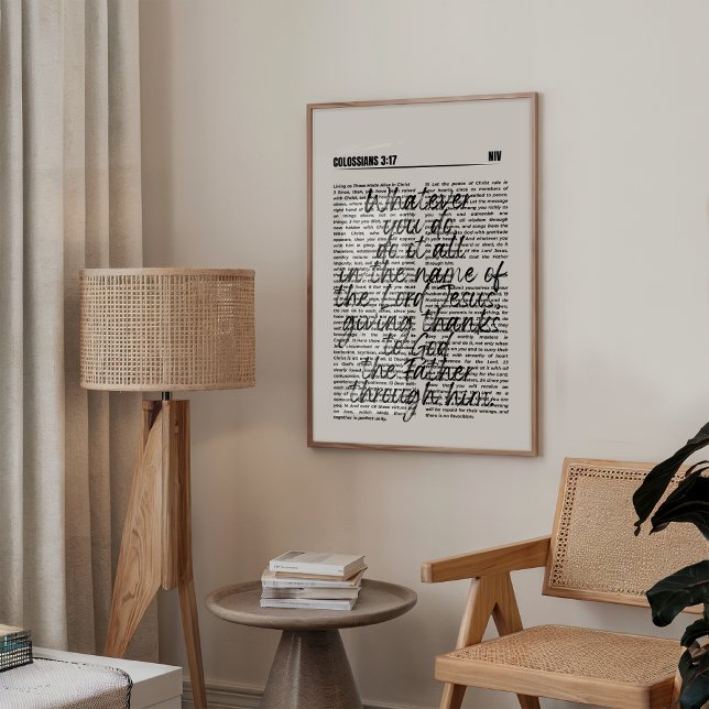 Dê aos Obrigados Colossianos 3:17 Impressão (Minimalist Christian wall art featuring Psalm Colossians 3:17 in elegant black bold typography.)