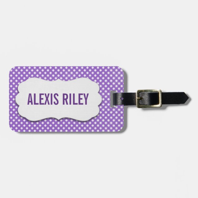 De Bagagem Gingham roxo com etiqueta biselada (Frente Horizontal)