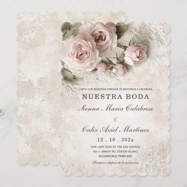 De Boda Elegante Con Flores Rosa Pastel Convite (Frente/Verso)
