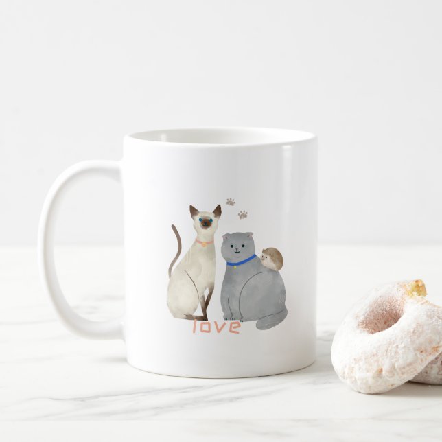 De Café Caneca branca com Gatos e Cachorro: Amor (Com Donut)