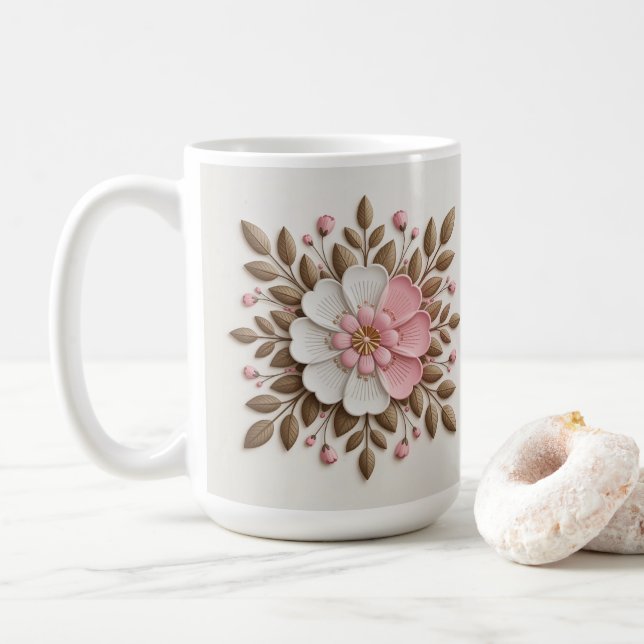 De Café Caneca Clássica Branca Dourada e Rosa (Com Donut)