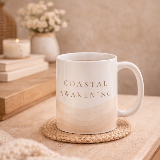 De Café Caneca Clássica Despertar Costeiro Quente, 330 ml (White ceramic with Coastal Awakening script for refined coffee ritual)