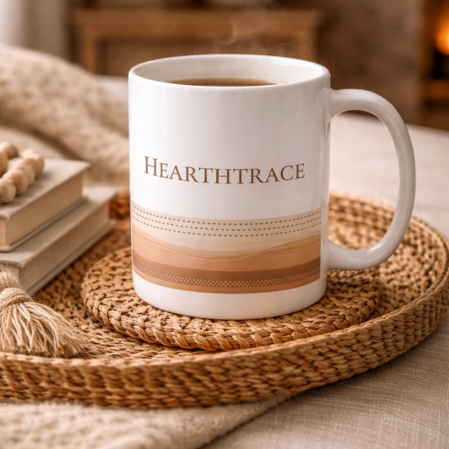 De Café Caneca Clássica Hearth Stitch Lines, 330 ml (White mug with stitched brown dash lines, made for calm mornings and soft kitchen tones)