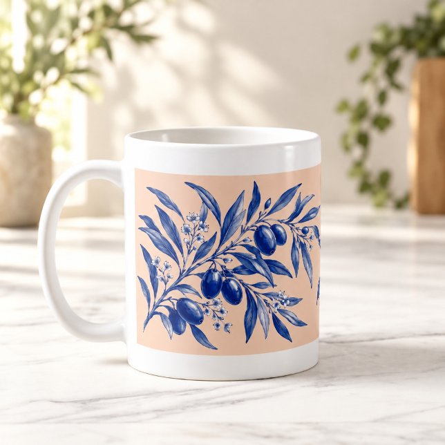 De Café Caneca Cobalt Botânico Olive Branch Hours (Olive Branch Hours Cobalt Botanical Mug — digital mockup.)