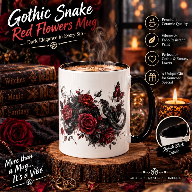 De Café Caneca Cobra Gótica e Flores Vermelhas – Botânica  (Criador carregado)
