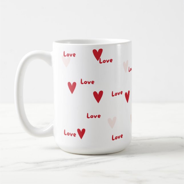 De Café Caneca com Corações Vermelhos Fofos e Padrão 'Amor (Esquerda)