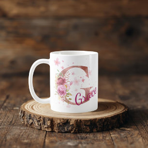 De Café Caneca com Floral Personalizada Inicial – Letra G